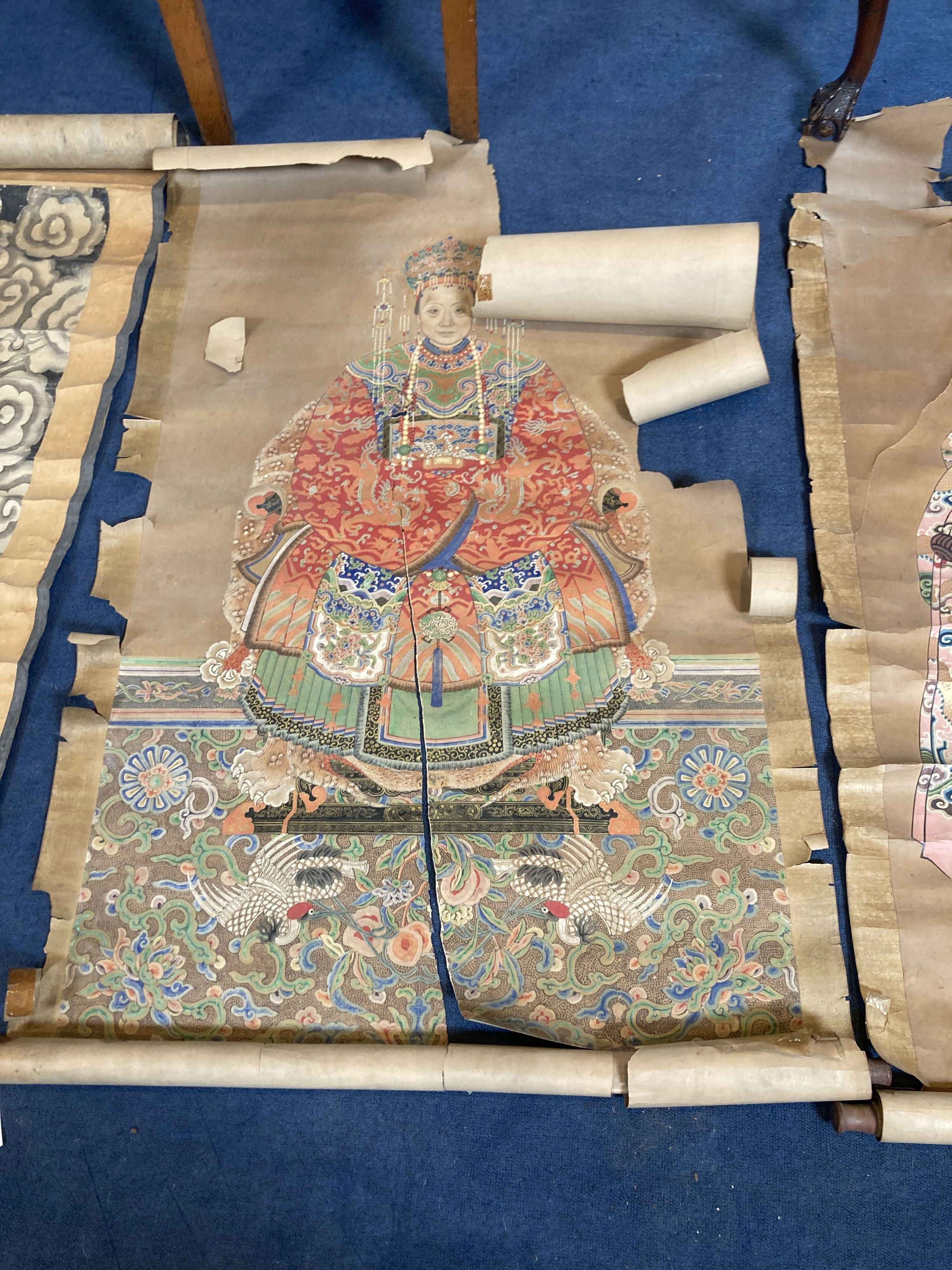 Two Chinese scroll paintings on paper of deities, early 20th century, image 148 x 75cm and two late Qing ancestor scroll paintings, ima